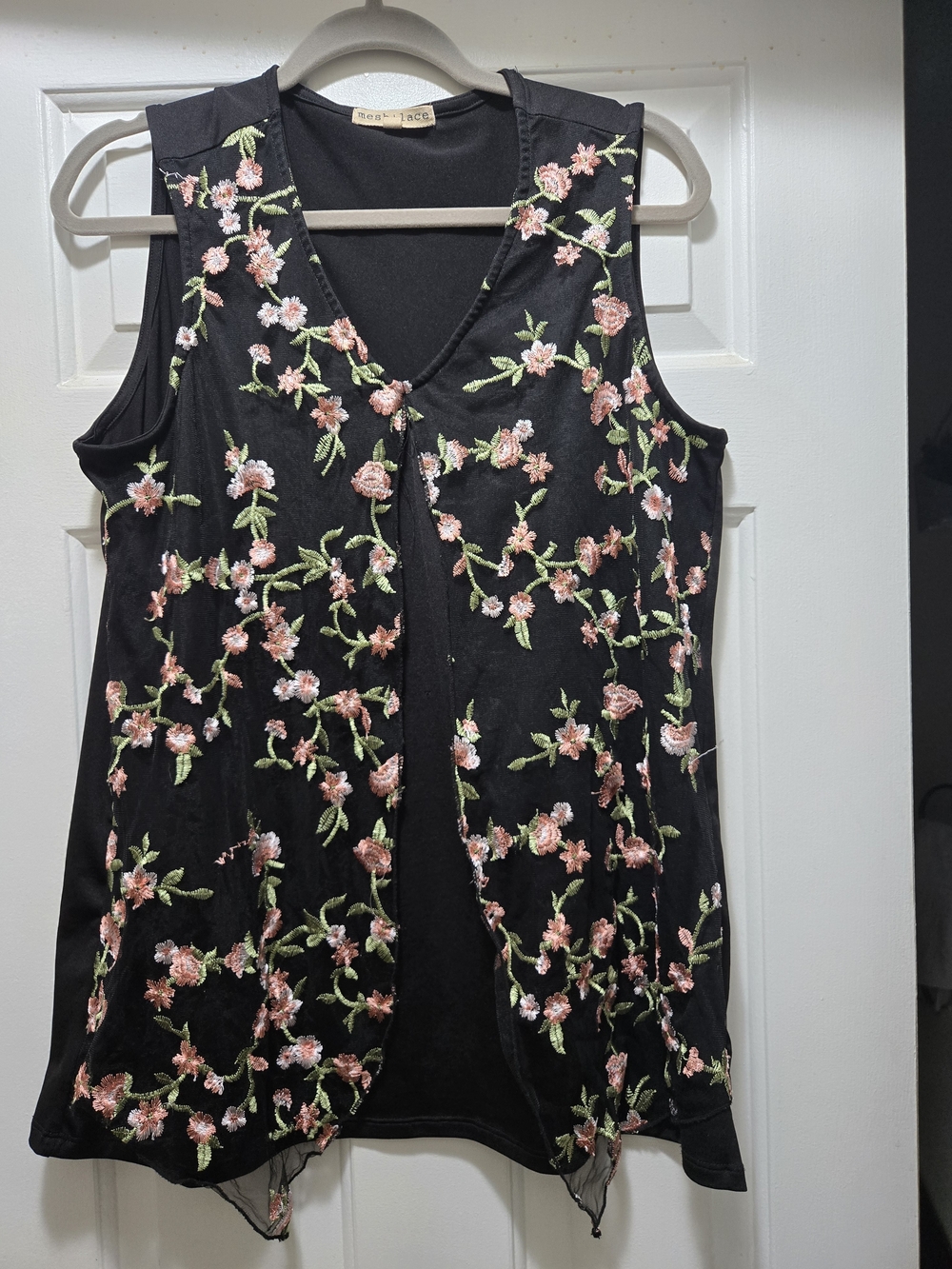 Black Sleeveless Vest Top with Pink Floral Embroidery